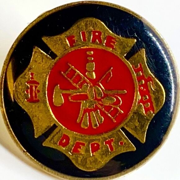 Vintage Fire dept lapel‎ pin 80's red black & gold hat pin jacket vest pin - Picture 1 of 3